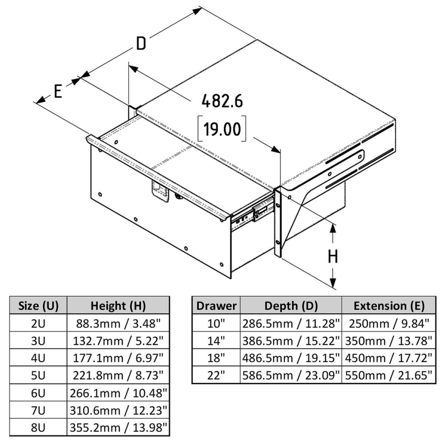 485mm Deep, 8U Heavy Duty Rack Drawer with Handle