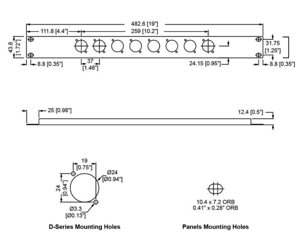 1HE-Rackblende für 8x Neutrik D