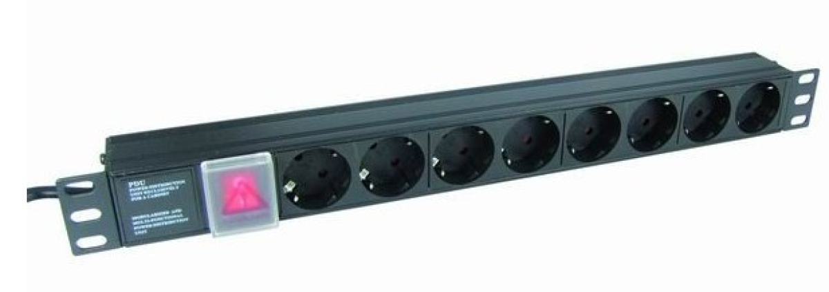 1HE-Leiste mit 8 Steckdosen und Schalter